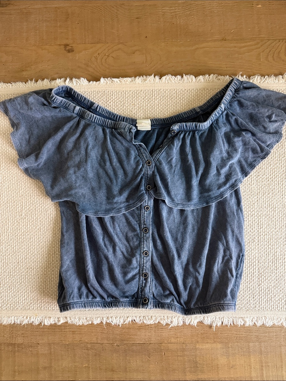 We The Free Washed Blue Off-Shoulder Button Crop Top